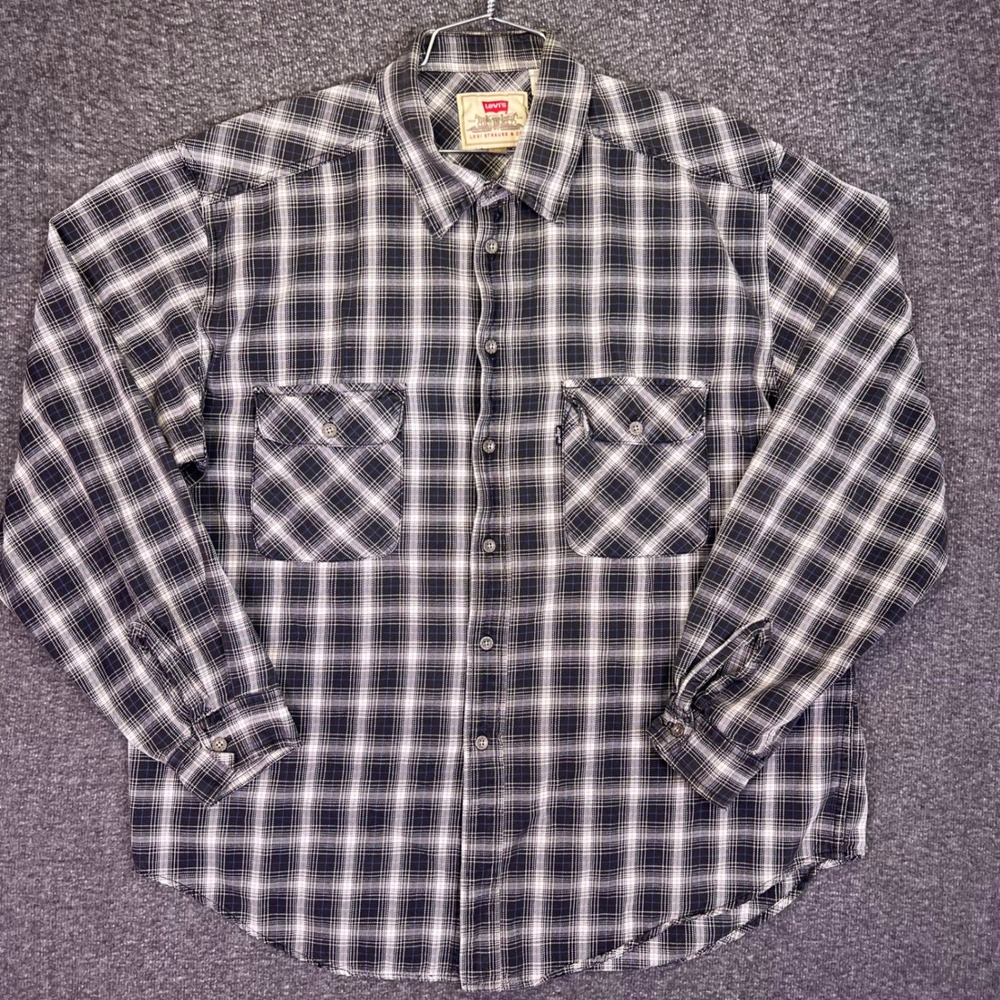 Levis Flannel Shirt Mens XL Black Plaid Vintage 90s Casual Long Sleeve Workwear